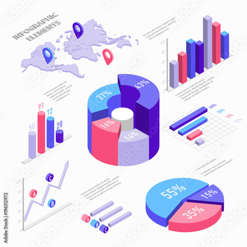 Isometric infographic elements with charts, diagram, pie chart, world map with pins and graphs with percent. Set of Isometric bar charts vector flat illustration isolated on white background.
