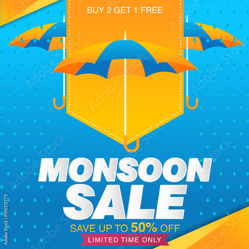 Vector illustration,sale banner,sale poster for Monsoon season raining drops,colorful umbrella with text space background