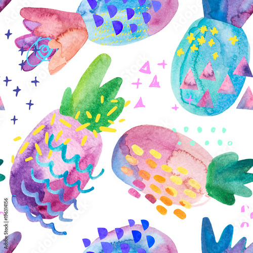 Funny colorful pineapples with watercolor texture and drawing elements