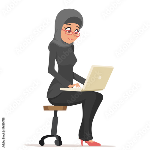 Smiling business woman lady arab cute traditional clothing hijab abaya character working computer laptop cartoon design vector illustration