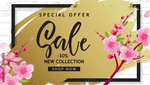 Spring Sale Vector Illustration. Banner With Cherry Blossoms.