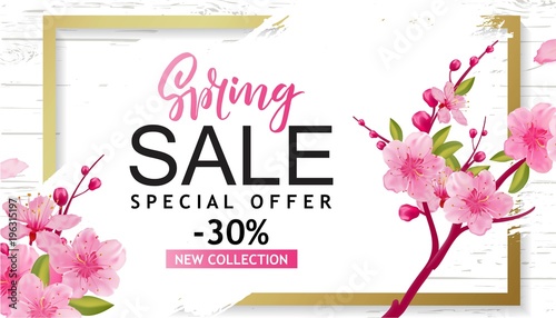 Spring Sale Vector Illustration. Banner With Cherry Blossoms.