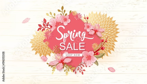 Spring Sale Vector Illustration. Banner With Cherry Blossoms.
