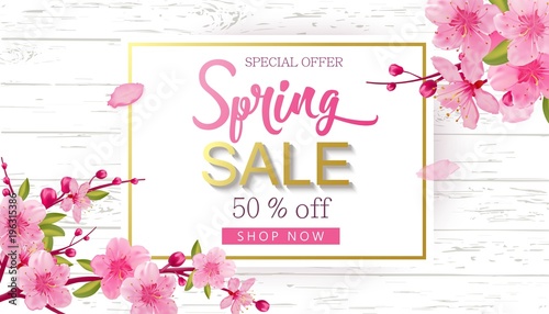Spring Sale Vector Illustration. Banner With Cherry Blossoms.
