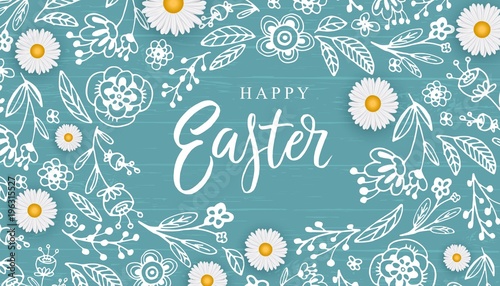 Happy Easter banner with hand drawn flowers, egg on wood background.