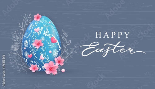 Happy Easter banner with hand drawn flowers, egg on wood background.