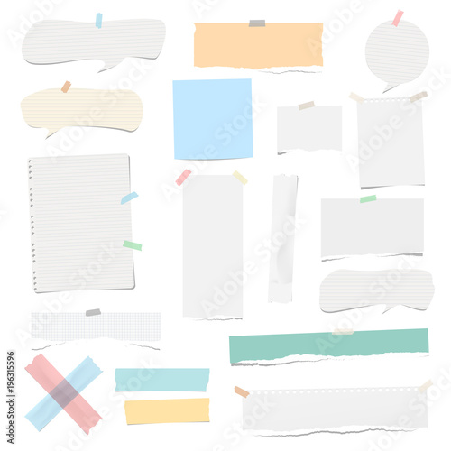 Colorful and white adhesive, sticky, masking, duct tape pieces torn note, notebook paper, speech bubbles for text are isolated on white background.