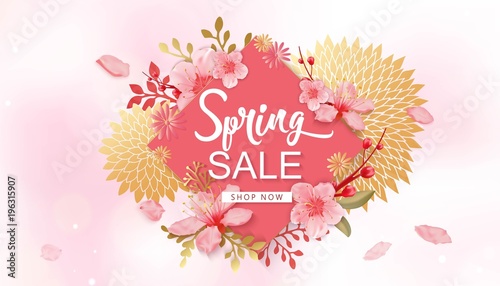 Spring Sale Vector Illustration. Banner With Cherry Blossoms.
