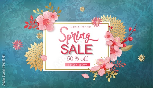 Spring Sale Vector Illustration. Banner With Cherry Blossoms.