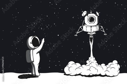 Lunar module launch,landing on Moon.Astronaut welcomes their.Space vector illustration photo