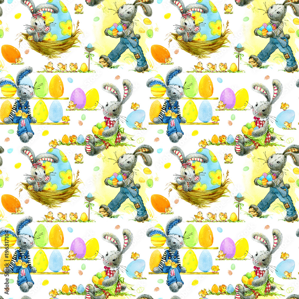 Cute Easter bunny and eggs watercolor seamless pattern