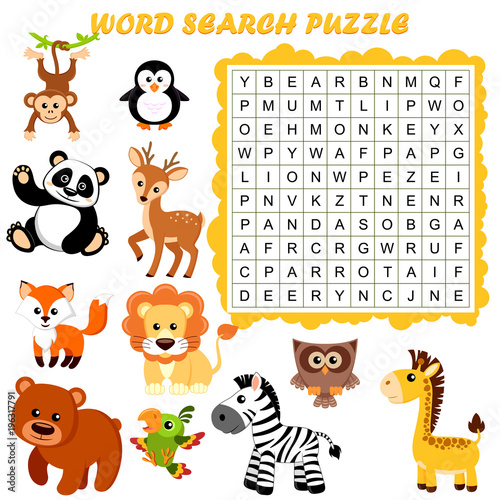 Word search puzzle. Vector education game for children. Animals