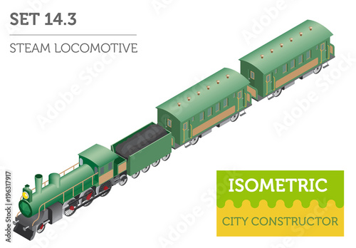 3d isometric retro railway with steam locomotive and carriages. Сity map constructor elements. Build your own infographic collection