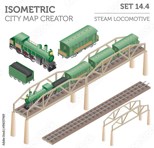 3d isometric retro railway with steam locomotive and carriages. Сity map constructor elements. Build your own infographic collection