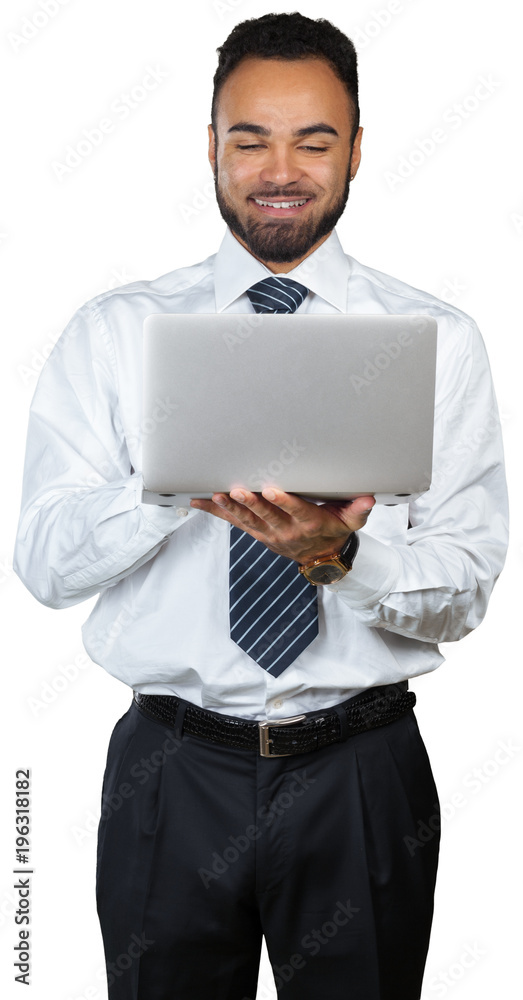 Young Businessman Holding Laptop Over White Background Young Businessman Holding Laptop Over White Background