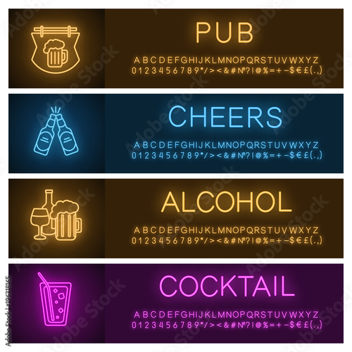Alcohol neon light banner templates set
