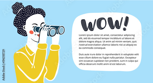Vector cartoon funny illustration of woman looking through binoculars