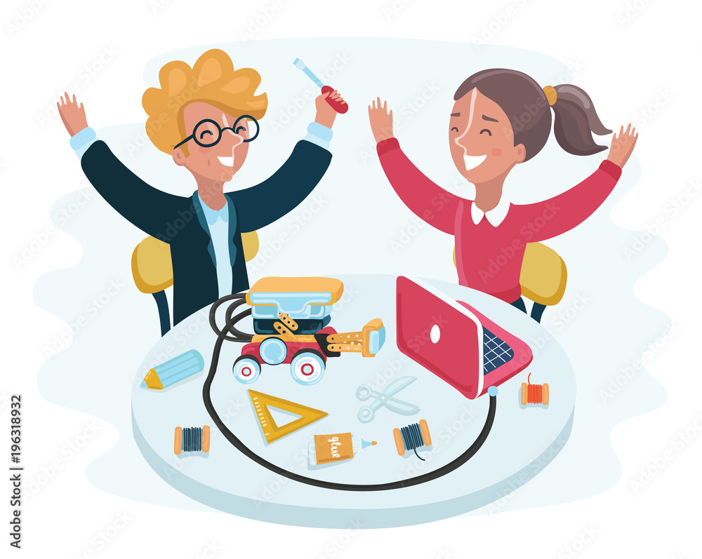 Fototapeta premium Smiling children sitting at laptops around smart robot standing on table in school classroom. 