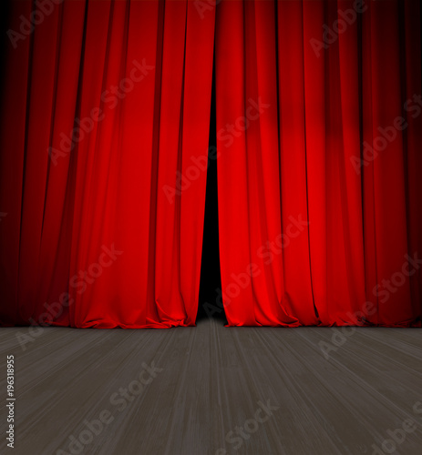 theater red curtain slightly open and wood stage or scene