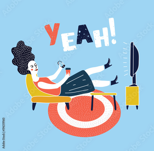 Vector illustration of woman watching television armchair and sitting in chair