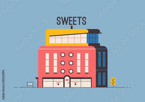 Fototapeta Naklejka Na Ścianę i Meble -  Sweets shop building. Flat vector illustration. Outdoor facade