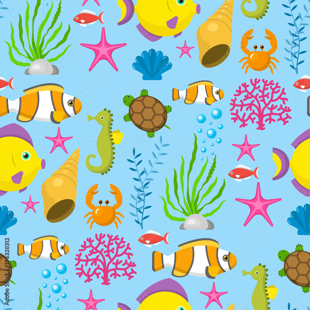 Aquatic funny sea animals underwater creatures cartoon characters shell