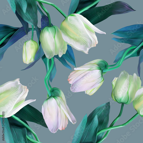 Tulips seamless pattern. Watercolor  illustration. Spring backgraund.   