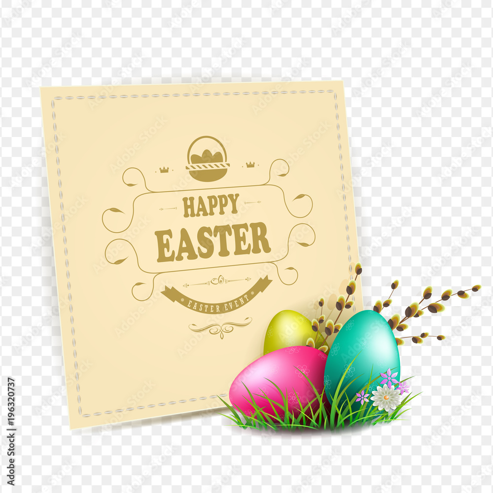 A square frame with Easter eggs, a willow branch and rabbit ears. A square frame with Easter eggs, a willow branch and rabbit ears.