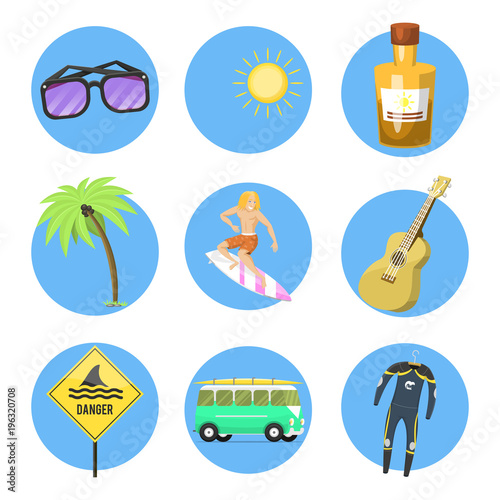 Surfing active water sport surfer summer time beach activities man windsurfing jet water wakeboarding kitesurfing vector illustration.