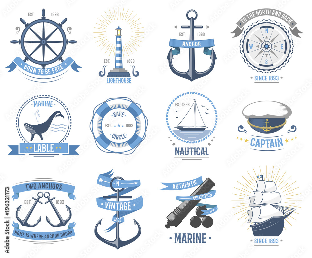 Sea nautical vector old rettro badge set sailing hat, boats, fish themed label icon vintage ship sign anchor rope wheel sea hat ribbons travel element graphic ocean illustration cruise insignia