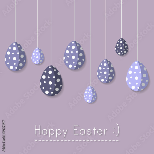 Easter theme hanging egg decoration in purple and pink colors with happy easter text. Dottes easter eggs in polka dots design. photo