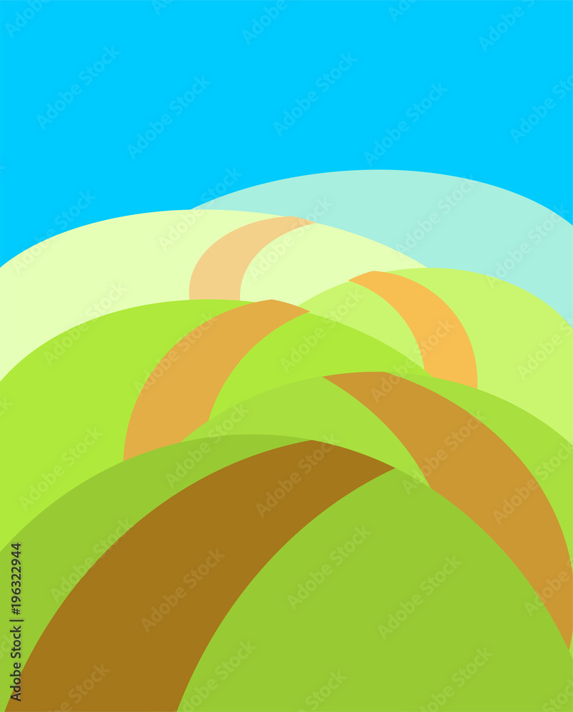 Boundless meadows with path. Summer landscape. Vector illustration