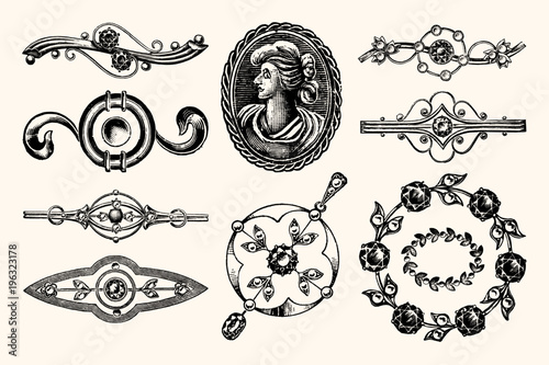 Decorative Broach Jewelry Vintage Illustrations 