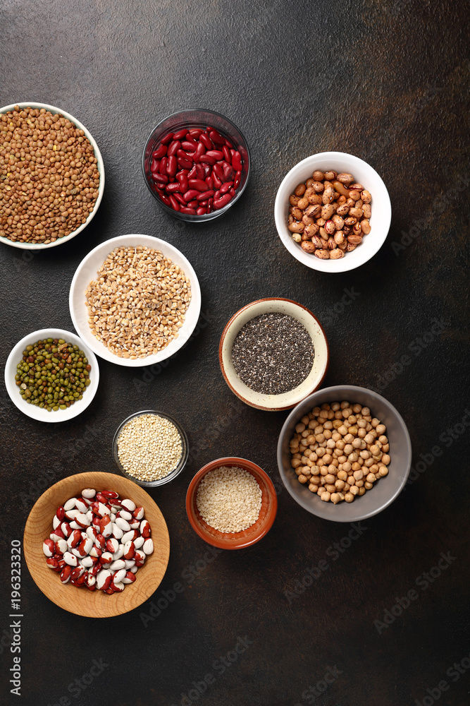 Raw seeds food in bowl above Raw seeds food in bowl above