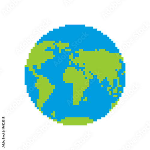 Earth pixel art. Pixelated planet. Vector illustration