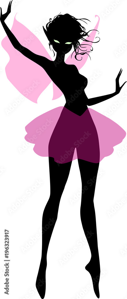 Cute cartoon black and white silhouette illustration of an elegant elf girl with magic pink wings Cute cartoon black and white silhouette illustration of an elegant elf girl with magic pink wings