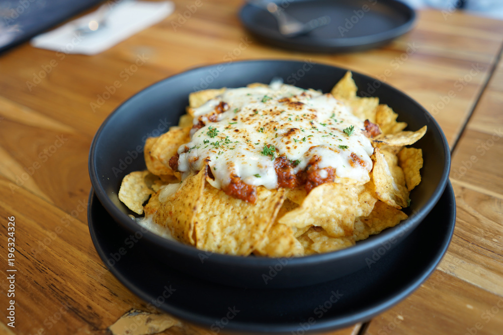 Cheesy nacho with tomato minced pork Cheesy nacho with tomato minced pork