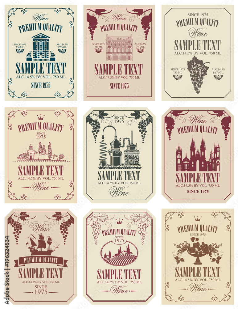 Vector set of wine labels with the image of grapes, winery, castle, sailboat, landscape, fruits and other in retro style in frames with curls