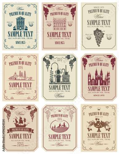 Vector set of wine labels with the image of grapes, winery, castle, sailboat, landscape, fruits and other in retro style in frames with curls