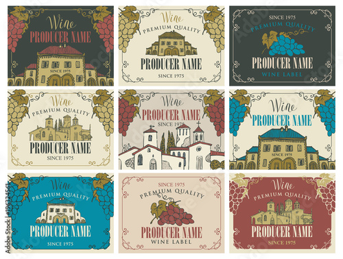 Vector set of wine labels with the image of grapes, landscapes, buildings in retro style in frames with curls