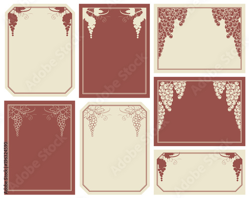 Vector set of labels or cards with frames, vines and bunches of grapes in retro style. Background for text with vines.