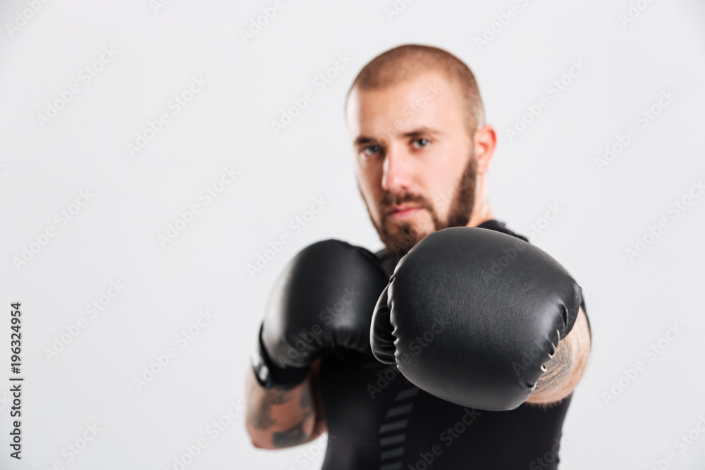 Closeup photo of muscular man with tattoos on his arms punching in boxing gloves, isolated over white background