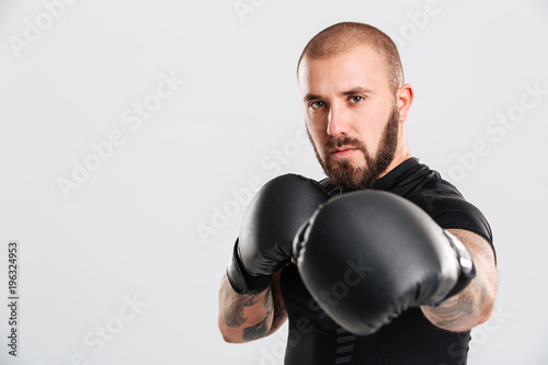 Closeup image of serious bearded man with tattoos on his arms punching in boxing gloves, isolated over white background