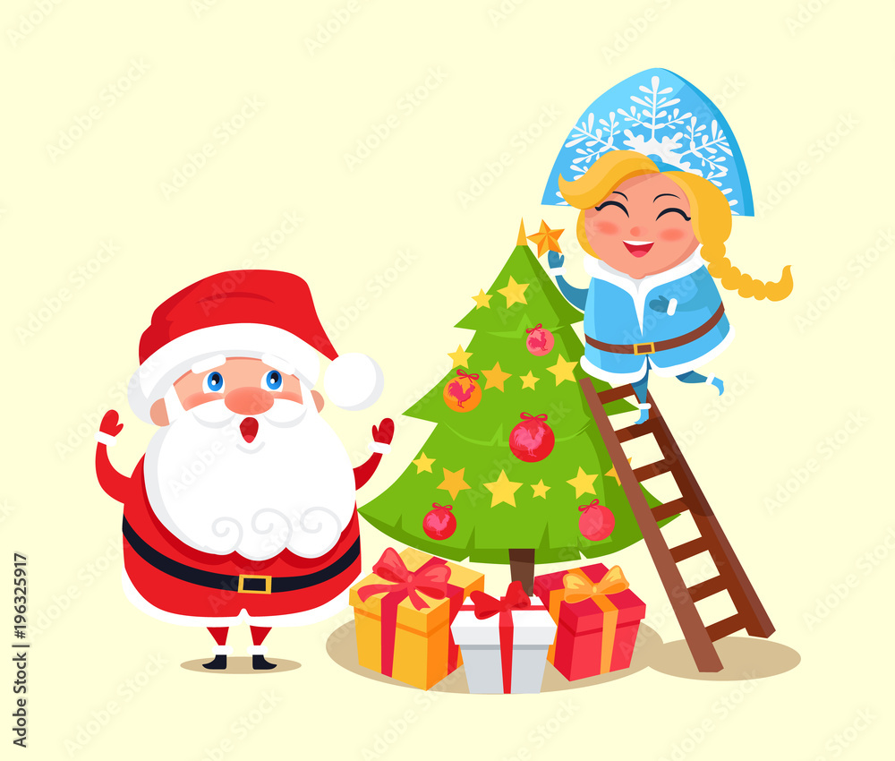 Santa and Christmas Tree, Vector Illustration Santa and Christmas Tree, Vector Illustration