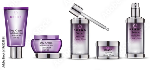 Cosmetics realistic Vector packaging. Day cream, serum product mock up