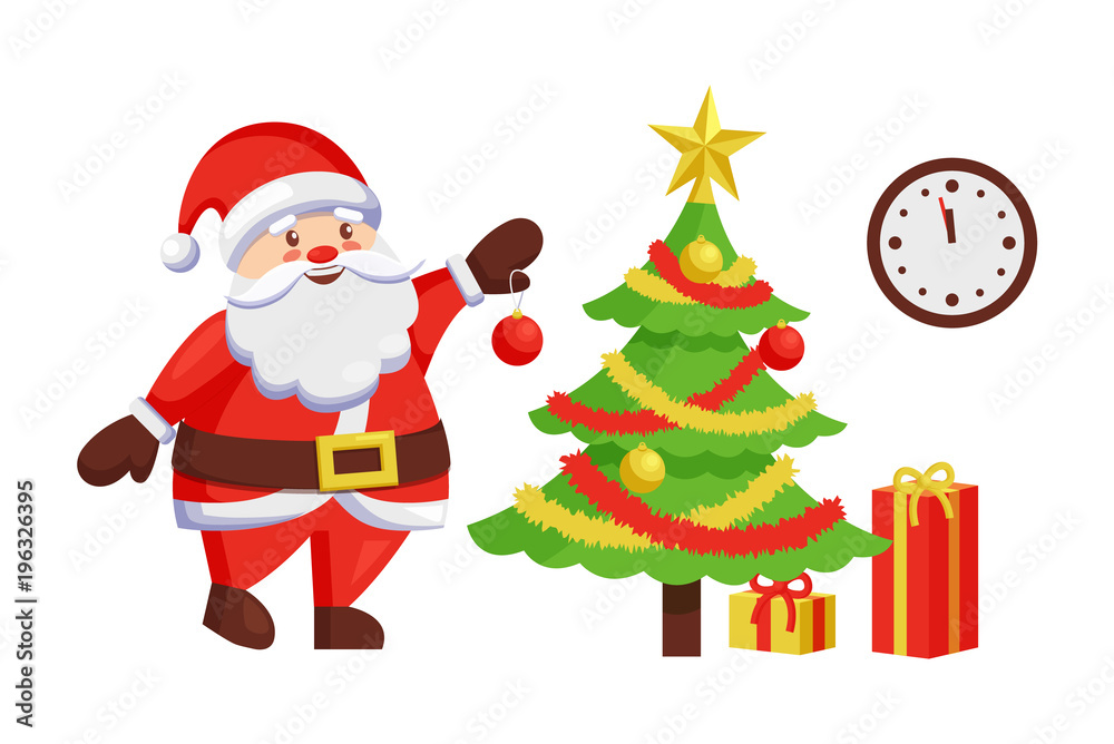 Santa Claus Decorate New Year Tree by Hanging Ball Santa Claus Decorate New Year Tree by Hanging Ball