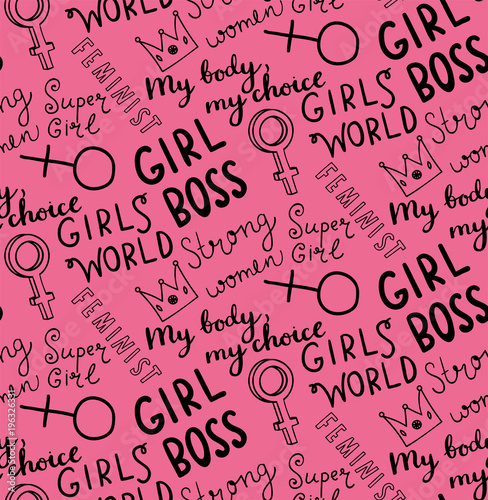 Seamless pattern with feminist hand drawn doodles and phrases