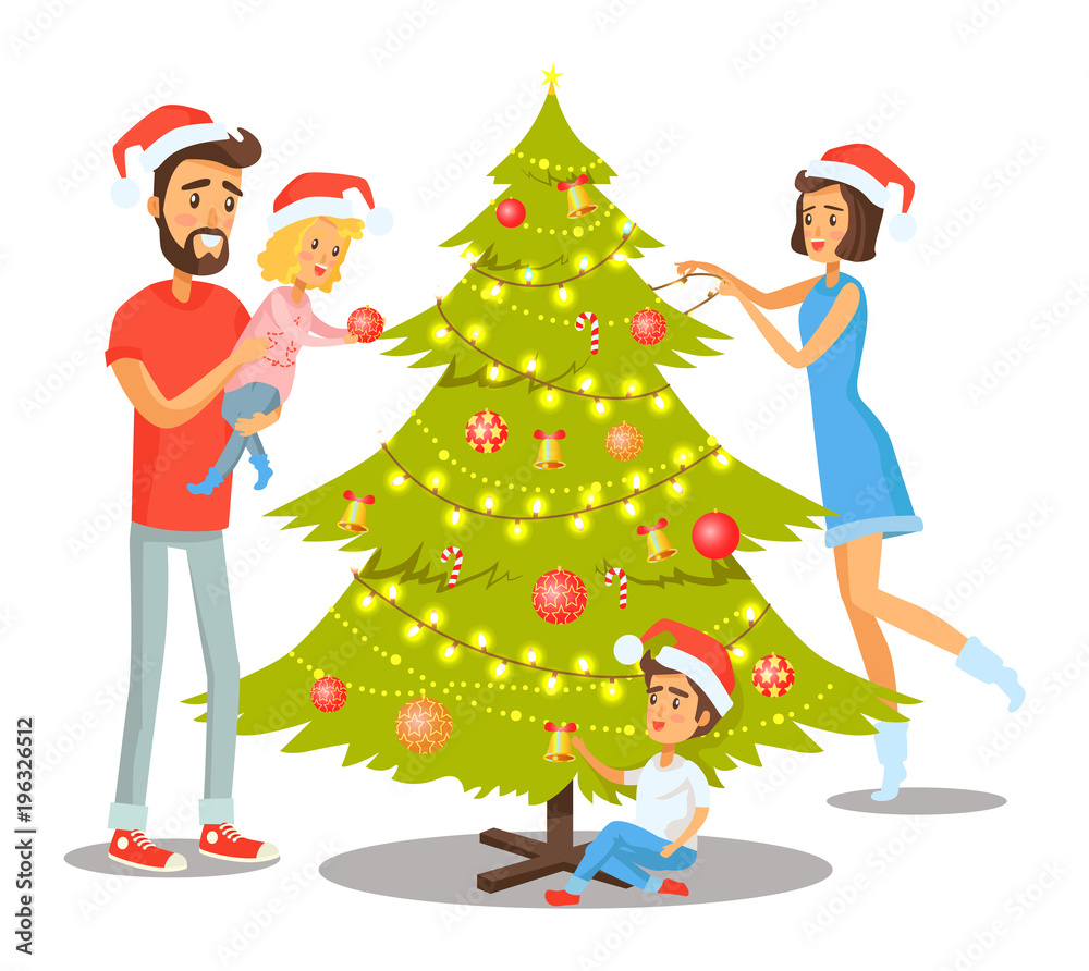 Family Decorating Tree Vector Illustration Family Decorating Tree Vector Illustration