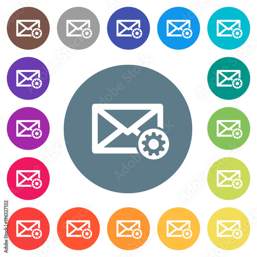 Mail settings flat white icons on round color backgrounds