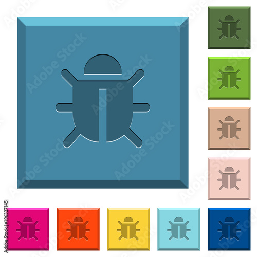 Computer bug engraved icons on edged square buttons